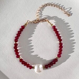 Garnet Freshwater Pearl Bracelet Gold Filled, Valentines Day, January Birthstone
